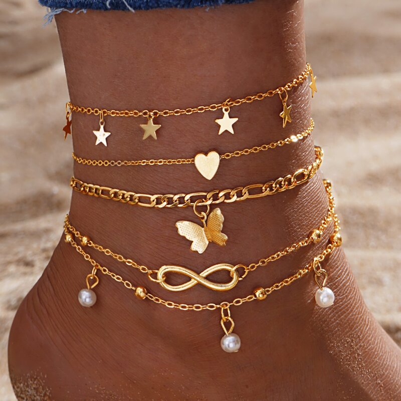 Anklet Set Manufacturer - Bohemia Charm Chain with Zircon Star Butterfly Letter & Beach Cuban Chain for Women