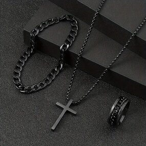 Hip Hop Chain Set for Men Manufacturer - 3 Piece Suit Cross Pendant Necklace Bracelet Ring in Stock