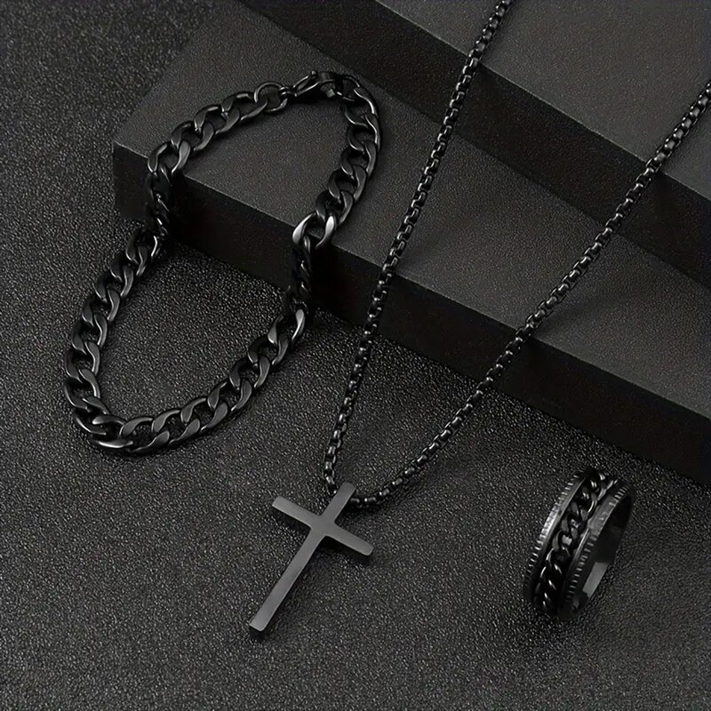 Hip Hop Chain Set for Men Manufacturer - 3 Piece Suit Cross Pendant Necklace Bracelet Ring in Stock
