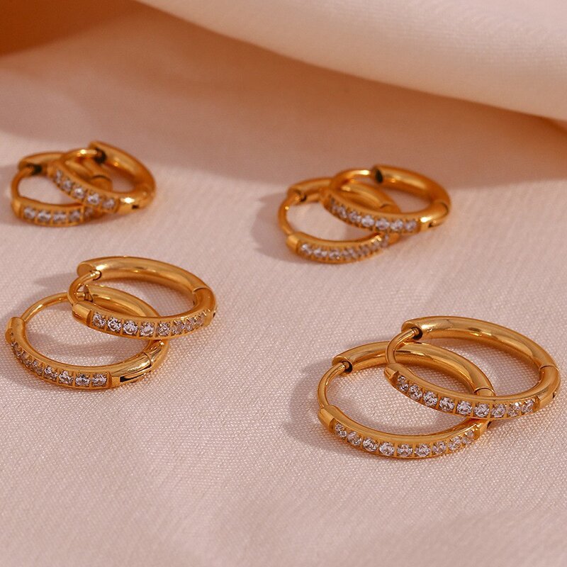 Huggies Earrings for Women Manufacturer - 18k Gold Plated 10mm 16mm Zircon Hoop Stainless Steel