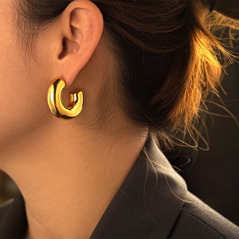 Gold Hoop Earrings Manufacturer - Statement Geometric C Shaped Chunky Stainless Steel Hollow