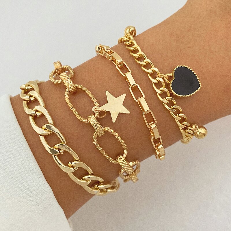 Tennis Chain Bracelet Set for Women Manufacturer - Alloy Punk Gold Plated Bangle with Pearl Heart Butterfly Pendant