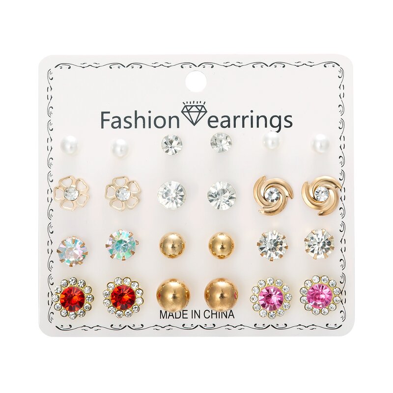 Stud Earring Set Manufacturer - 12 Pairs Flower Rhinestone Pearl for Girls & Women with Heart Strawberries