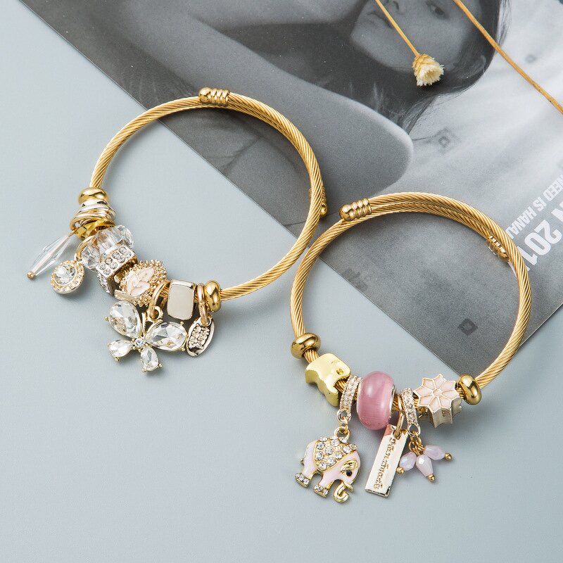 Stainless Steel Charm Bracelet Manufacturer - Custom Gold Crystal Adjustable Cuff Bangle for Girl