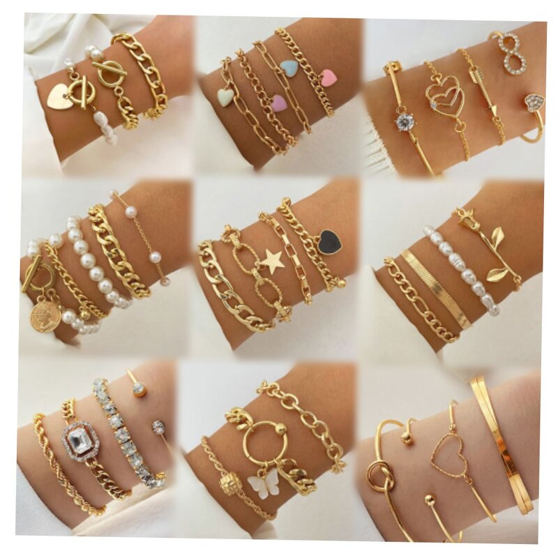 Tennis Chain Bracelet Set for Women Manufacturer - Alloy Punk Gold Plated Bangle with Pearl Heart Butterfly Pendant