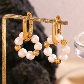 Gold Plated Hoop Earrings Manufacturer - Stainless Steel Pearl Beaded Flower U-Shaped for Party Gifts