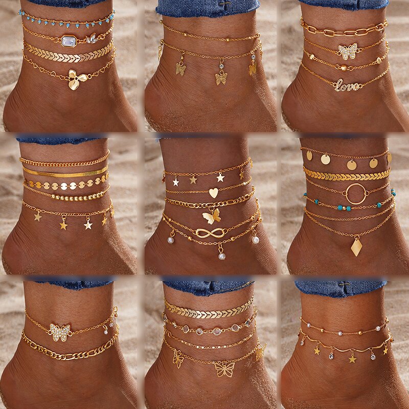 Anklet Set Manufacturer - Bohemia Charm Chain with Zircon Star Butterfly Letter & Beach Cuban Chain for Women