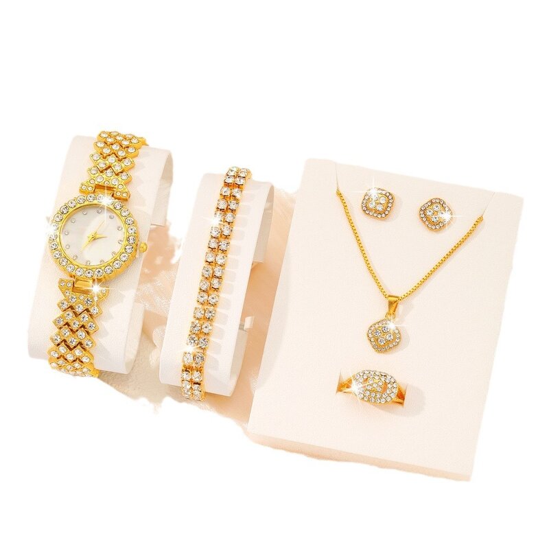 Valentines Day Gift Jewelry Set Manufacturer - Diamond Necklace Bracelet Earring Ring with Roman Quartz Watch