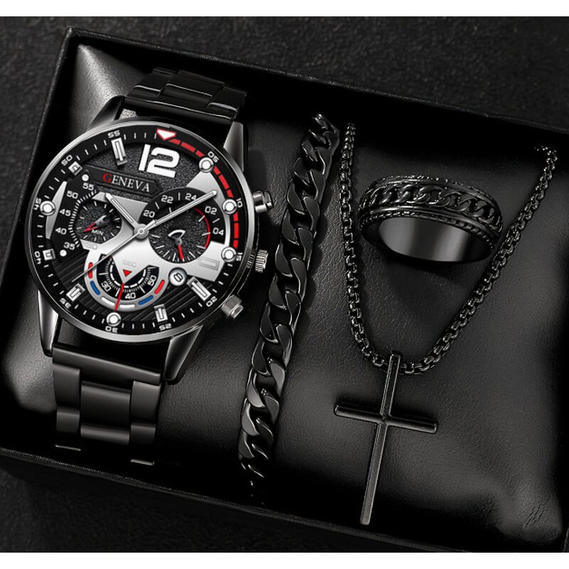 Men's Watch Set Manufacturer - 4PCs Business Analog Wristwatch Calendar Date Bracelet Quartz Gift Set