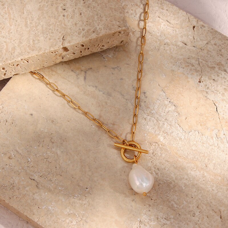 Stainless Steel Pendant Necklace Manufacturer - 18K Gold Plated Chain with Classic Baroque Big Pearl