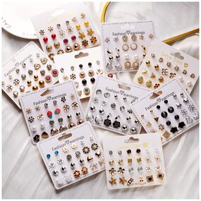 Stud Earring Set Manufacturer - 12 Pairs Flower Rhinestone Pearl for Girls & Women with Heart Strawberries