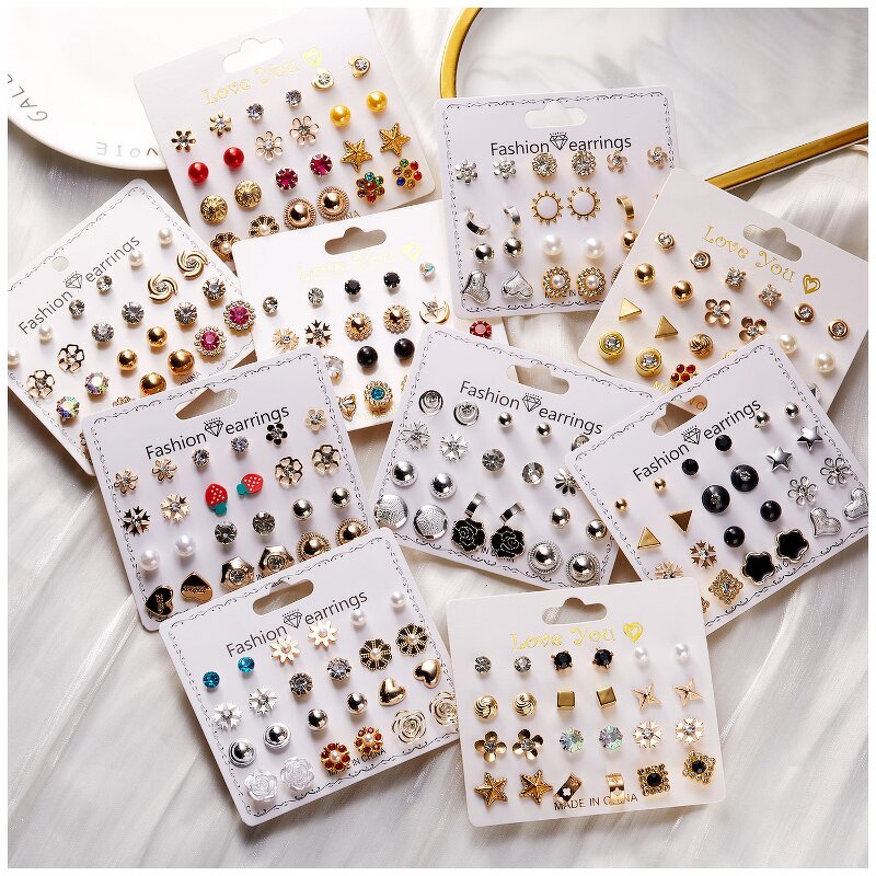 Stud Earring Set Manufacturer - 12 Pairs Flower Rhinestone Pearl for Girls & Women with Heart Strawberries