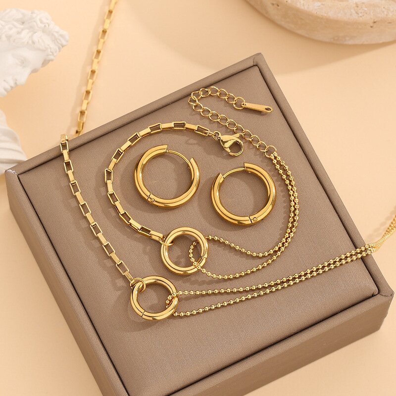 Customized Jewelry Set Manufacturer - Asymmetric Geometric Circle Splicing Stainless Steel Necklace Clavicle Bracelet