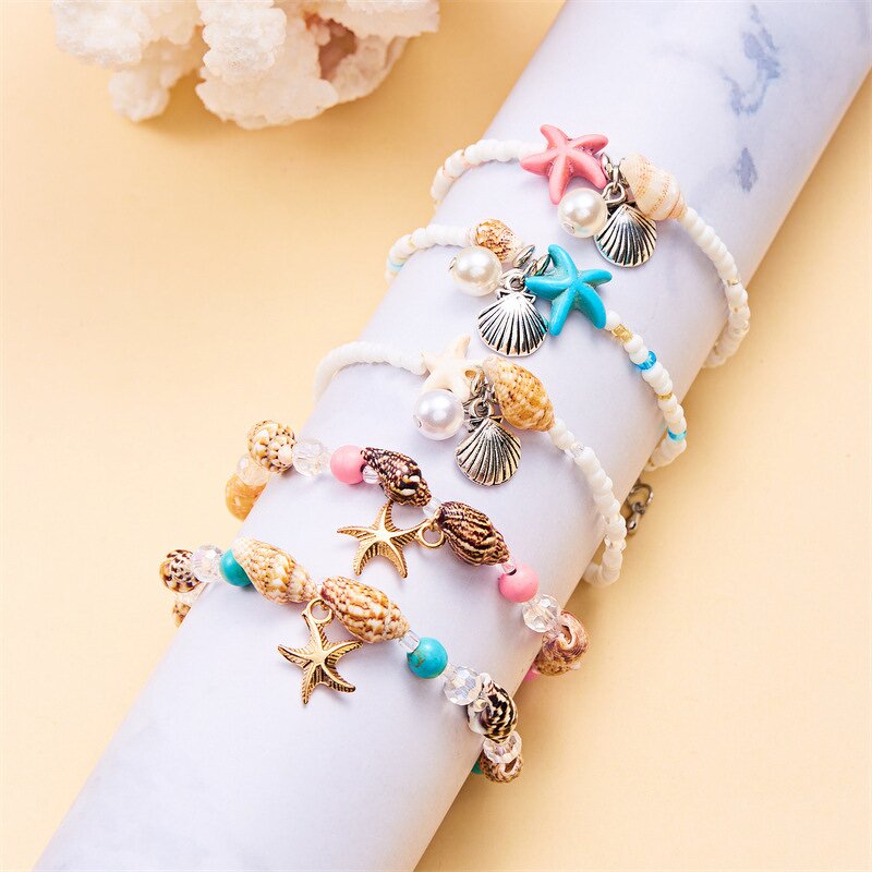 Sea Style Anklets Manufacturer - Gold Plated Handmade Seed Bead Star Conch Shell with Diamond Pearl Encrusted