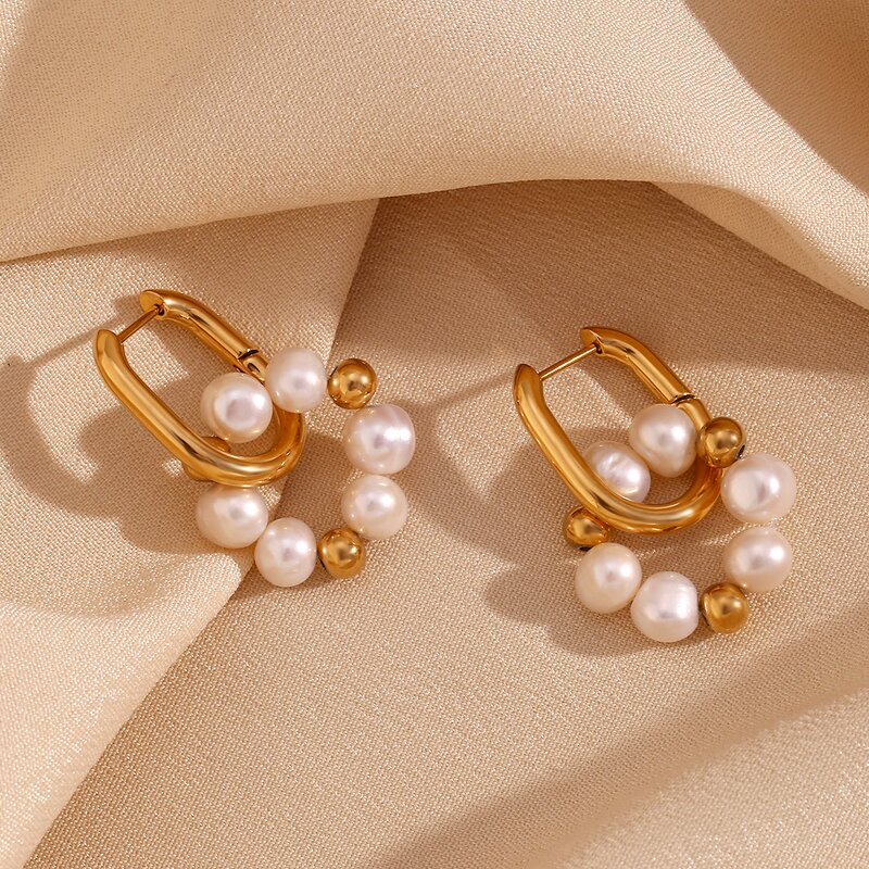 Gold Plated Hoop Earrings Manufacturer - Stainless Steel Pearl Beaded Flower U-Shaped for Party Gifts