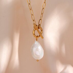 Stainless Steel Pendant Necklace Manufacturer - 18K Gold Plated Chain with Classic Baroque Big Pearl