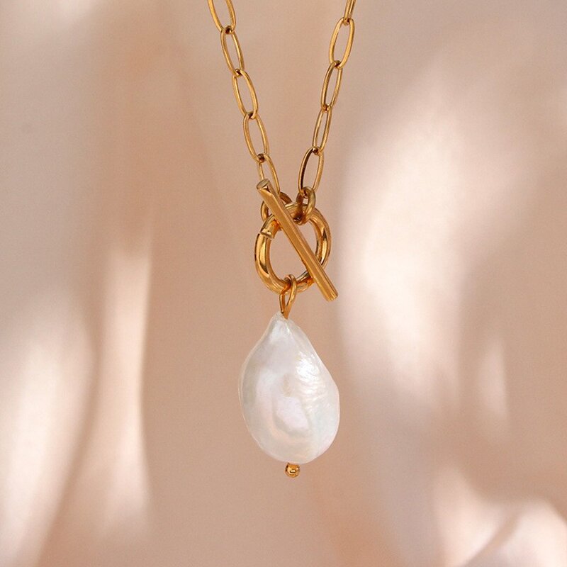 Stainless Steel Pendant Necklace Manufacturer - 18K Gold Plated Chain with Classic Baroque Big Pearl