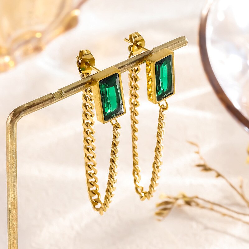 Gold Plated Jewelry Sets Manufacturer - Stainless Steel Chunky Chain Bracelet Necklace Earrings Green Zircon Waterproof