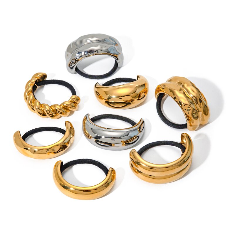 Women Hair Accessories Manufacturer - Stainless Steel 18k Gold Plated Semi-circular Arc Smooth Black Rubber Band