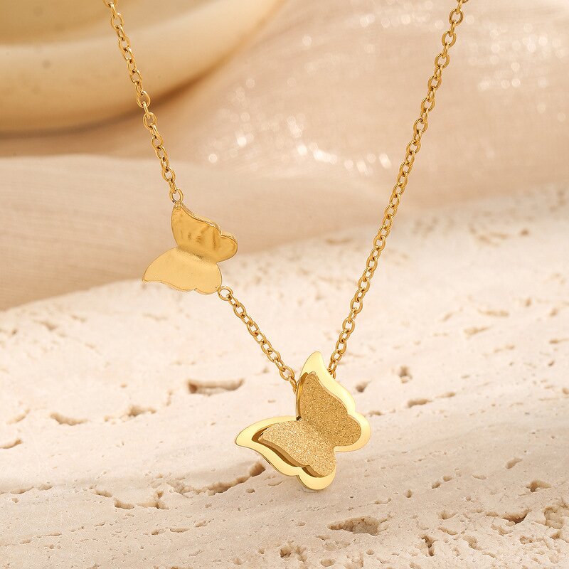 Stainless Steel Jewelry Sets for Women Manufacturer - 18K Gold Plated Frosted Butterfly Pendant Necklace Earrings Ring