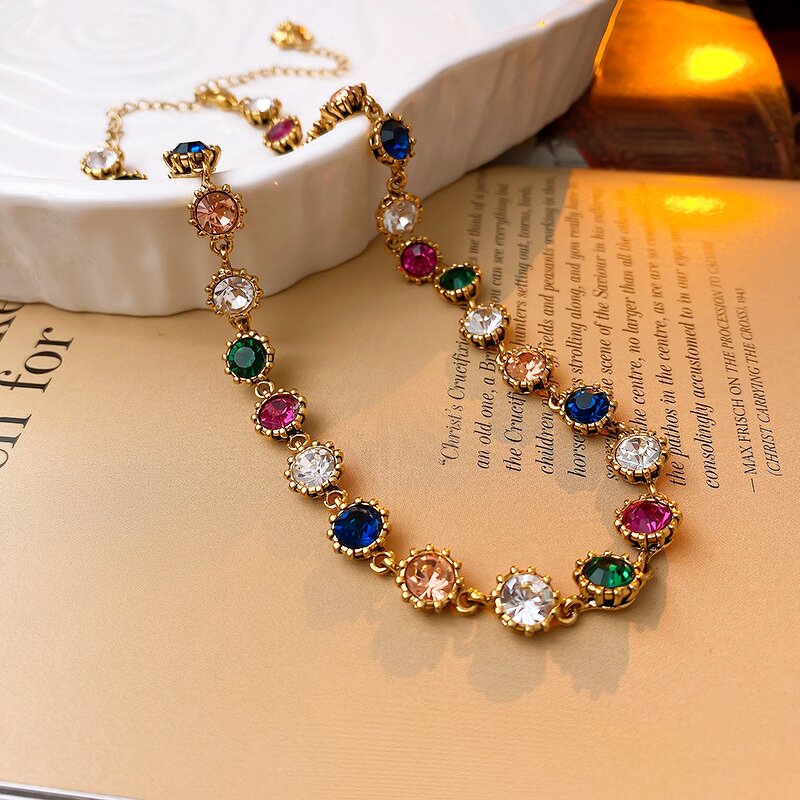Vintage Charm Jewelry Set Manufacturer - Gold Plated Colorful Rhinestone Chain Necklace Bracelet Earrings