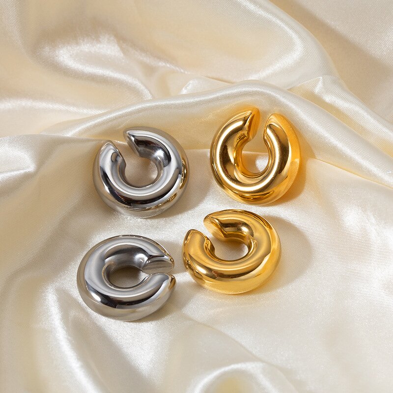 Clip on Earrings Manufacturer - C-shaped Stainless Steel Hollow Exaggerated 18K Gold-plated Circle