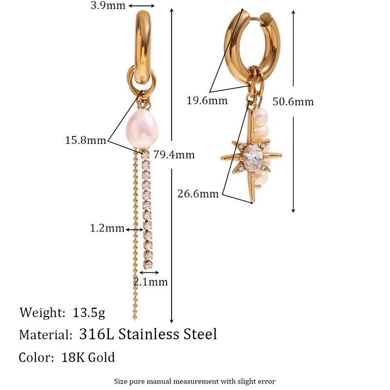 Asymmetric Hoop Earrings for Women Manufacturer - 18K Gold Stainless Steel with Diamond Pearl Zircon Heart-shaped Charm