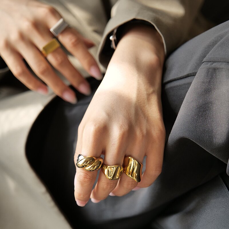Rings Set Manufacturer - Gold Plated Chunky Glossy Stainless Steel Simple Irregular Textured