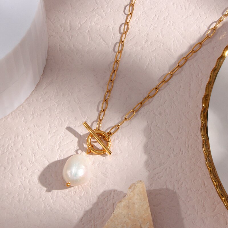 Stainless Steel Pendant Necklace Manufacturer - 18K Gold Plated Chain with Classic Baroque Big Pearl