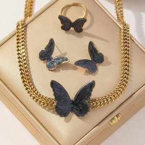 Stainless Steel Jewelry Set Manufacturer - Layered 18k Gold Butterfly Pendant Necklace Ring Earrings Finger Knuckle Ring