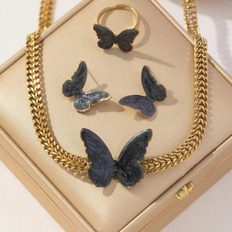 Stainless Steel Jewelry Set Manufacturer - Layered 18k Gold Butterfly Pendant Necklace Ring Earrings Finger Knuckle Ring
