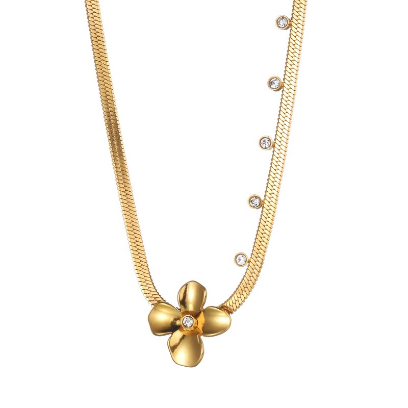 Stainless Steel Snake Chain Necklace for Women Manufacturer - 18K Gold Plated Diamond-studded Flower Pendant Choker