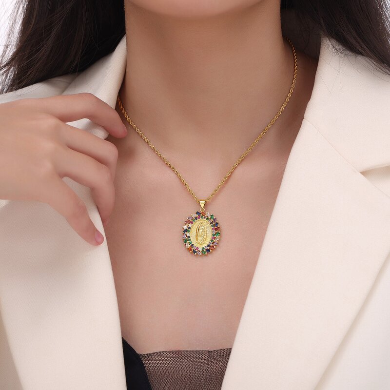 Stainless Steel Choker for Women Manufacturer - French Style St. Benedict Virgin Mary Pendant 18K Gold Plated Pearl