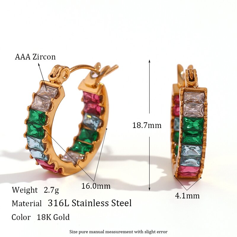 Gold Plated Hoop Earrings Set Manufacturer - Stainless Steel Zircon Inlaid Thick for Women Ins Style Rainbow