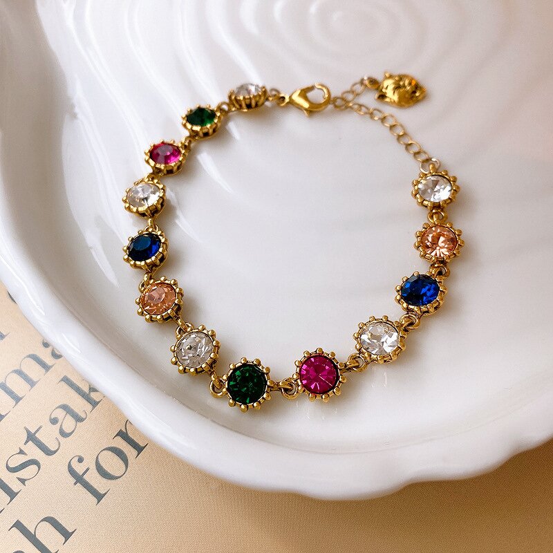Vintage Charm Jewelry Set Manufacturer - Gold Plated Colorful Rhinestone Chain Necklace Bracelet Earrings