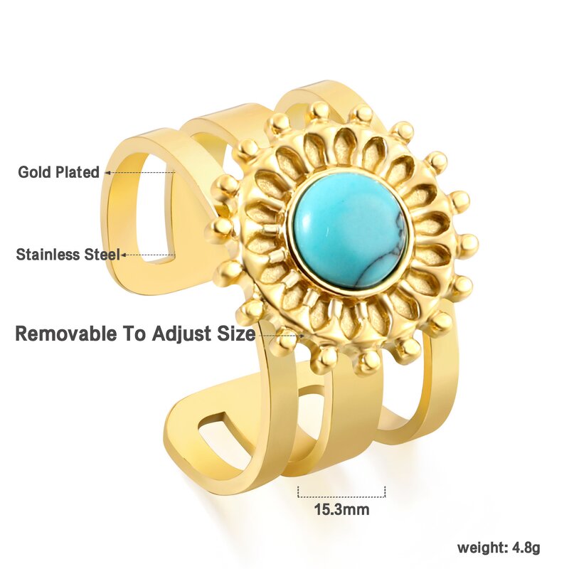 Turquoise Rings for Women Manufacturer - Chunky Waterproof 18K Gold Plated Stainless Steel Opal Vintage Gemstone