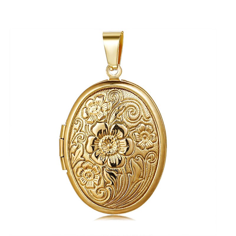 Stainless Steel Photo Frame Necklace Manufacturer - Golden Opened Oval Shape Box Customized Retro Pattern