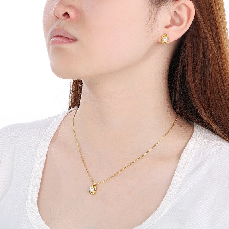 Pearl Drop Jewelry Set Manufacturer - High Quality Shell 18K Gold Plated Necklace & Earring Stainless Steel Gift Set