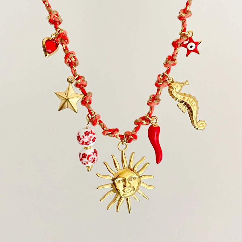 Summer Jewelry Necklace Manufacturer - Colorful Handmade Cotton Rope with Gold Plated Sea Starfish Pearl Heart Pendant