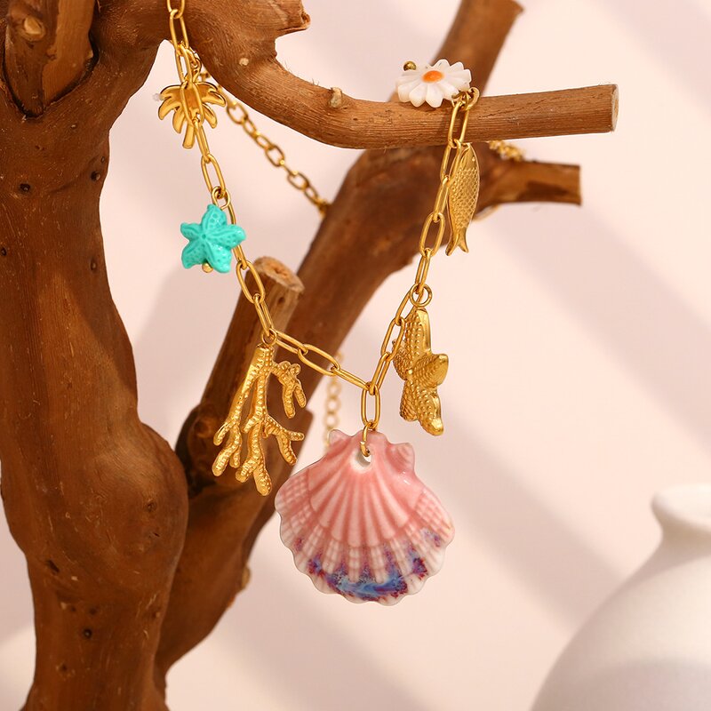 Paperclip Chain Necklace Manufacturer - Stainless Steel Golden with Scallop Pendant Fashion Temperament Ocean Series