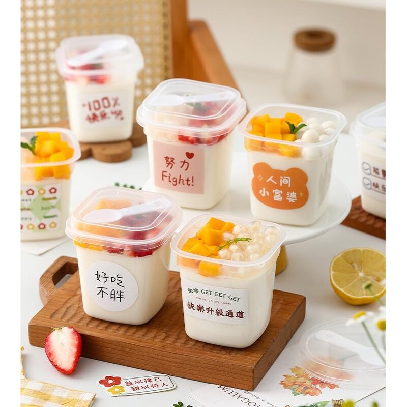 Disposable Plastic Round Cup Manufacturer - 280ml 220ml Food Grade Square Yogurt Jelly Pudding with Spoon