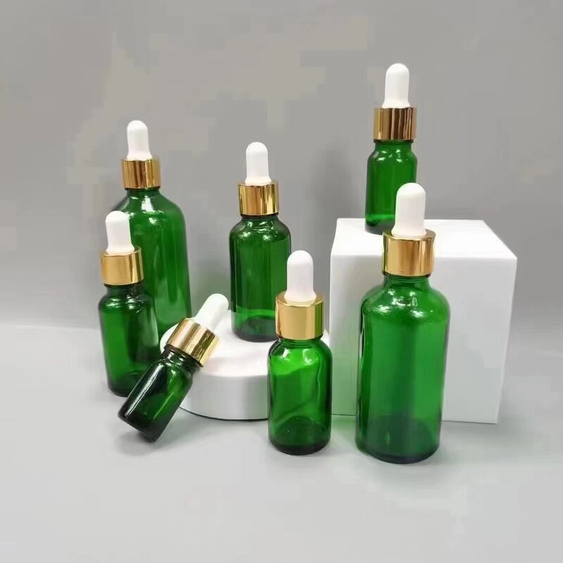 Glass Dropper Bottle Manufacturer - 50ml 100ml Round Green Serum Bottle with Gold Dropper