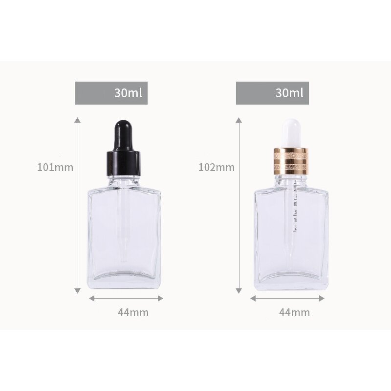 Glass Serum Bottles Manufacturer - Luxury Refillable Clear Square with Dropper Cap for Skincare Oil