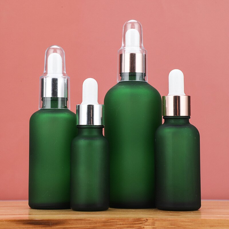 Glass Dropper Bottle Manufacturer - Luxury Frosted Green for Essential Oil Serum with Matte Bamboo Dropper