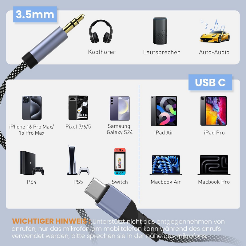 3.3ft Nylon Aux to USB C Cable Manufacturer - Type C to 3.5mm for Car Headphones Speakers for iPhone 15/16 Galaxy S24/S23