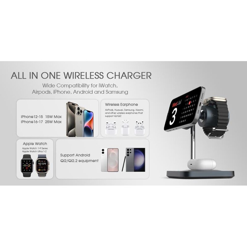 25W Qi2.2 Fast Wireless Charger Manufacturer - 3 in 1 Charging Stand with Cooling Fan for iPhone Samsung