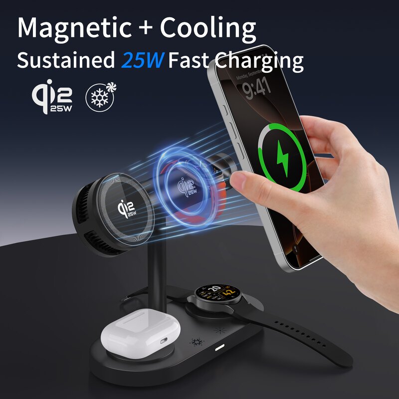 Qi2.2 25W Wireless Charging Station Manufacturer - 3 in 1 Magnetic with Active Fan Cooling for iPhone 16-12 Series & Type-C
