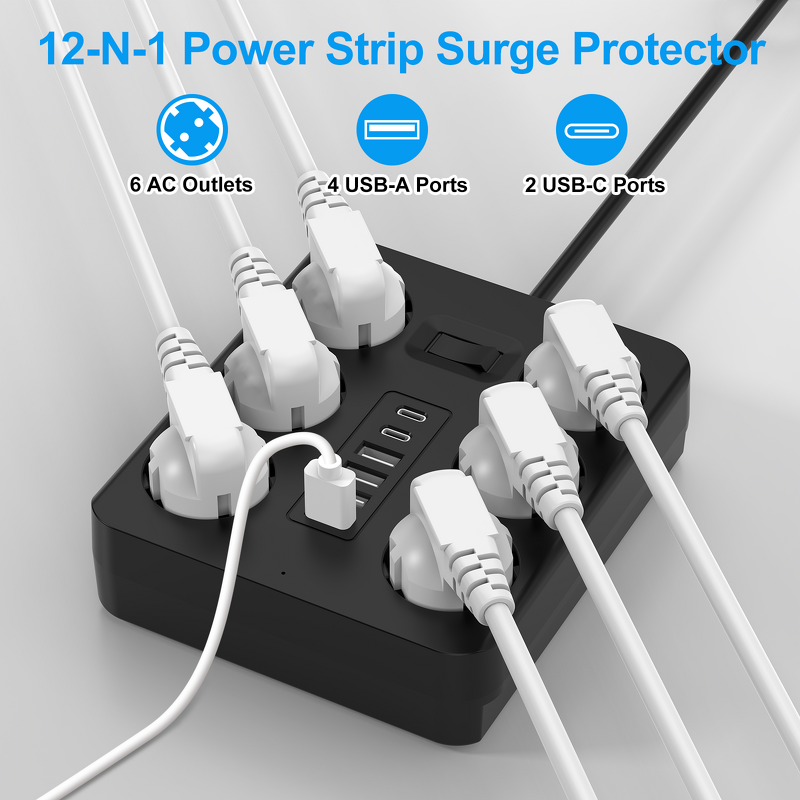 EU Travel Power Strip Manufacturer - 6-Socket 2500W with 4-USB 2 Type-C Overload Protection 1.8m Line CE Certified for Laptop Camera