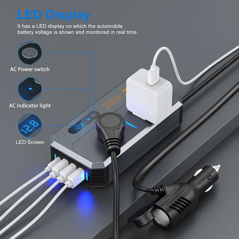 Car Power Inverter Charger Adapter Manufacturer - DC 12V 24V 220V LED Display Fast Charger Socket 200W USB QC3.0 PD 30W Truck