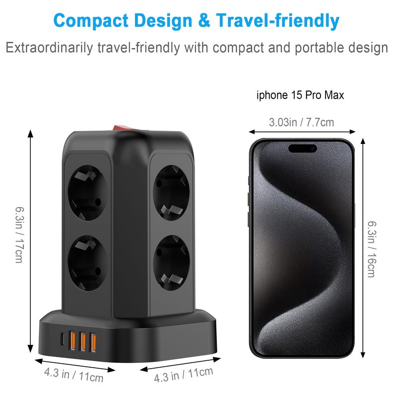 EU 1.8M Extension Cord Tower Manufacturer - Power Strip Surge Protector 8 Outlets 4 USB Ports (1 USB-C) 10A Multiple Outlets